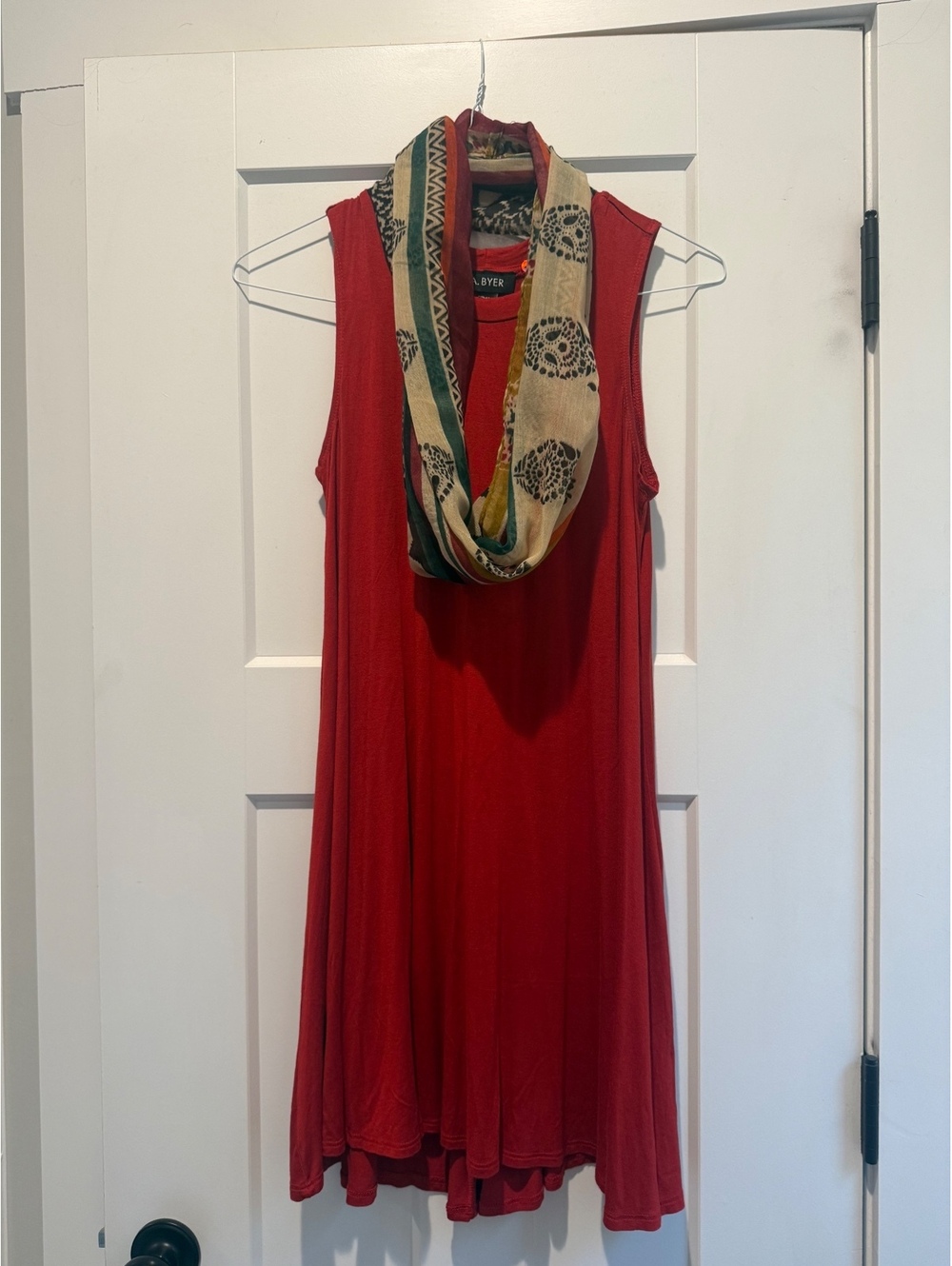 A. Byer Red Sleeveless Swing Dress M Scarf Neck A-Line Stretch